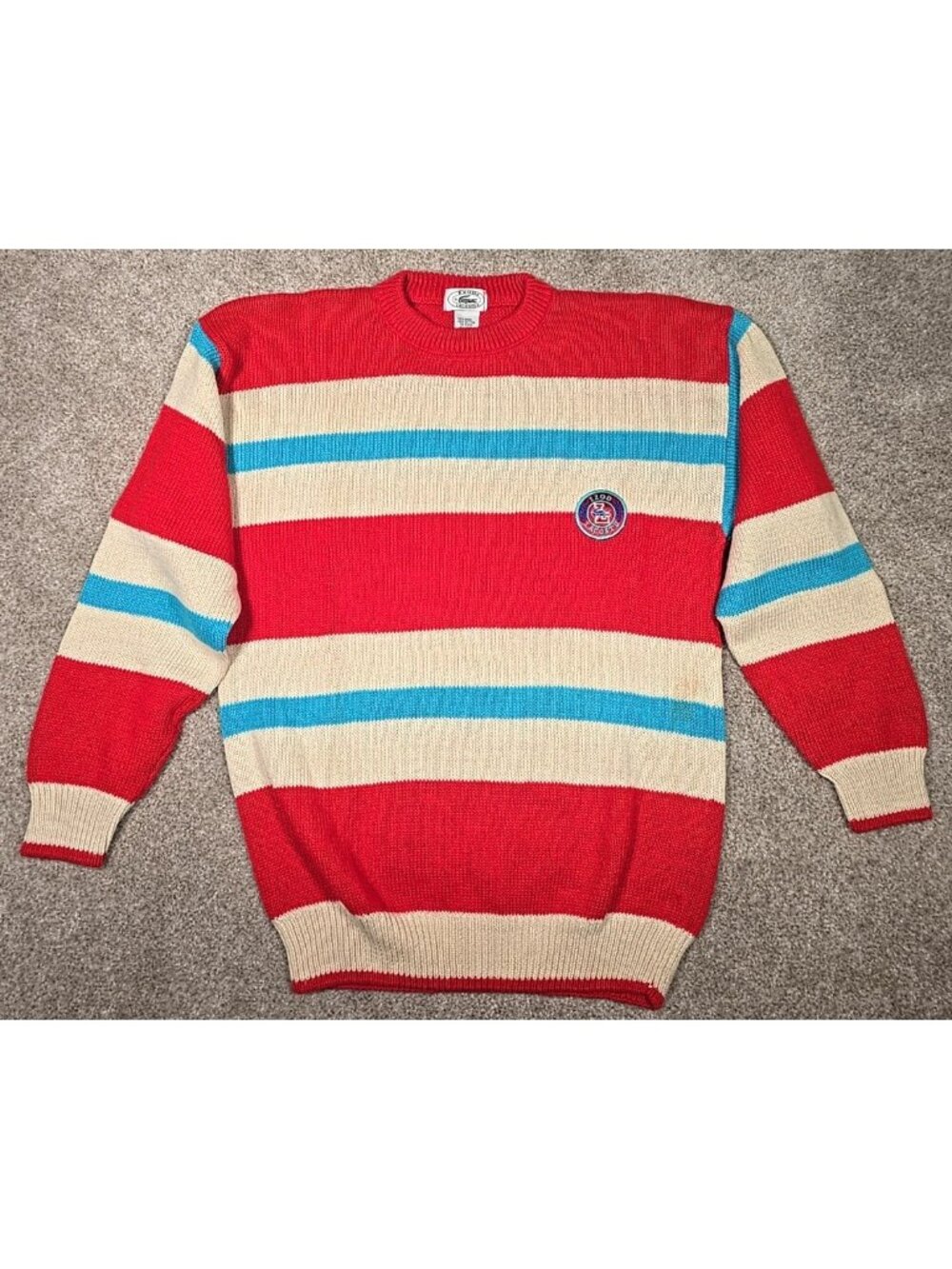 Izod Lacoste Vtg Sweater Ramie Cotton Preppy Varsity Logo Patch Striped Boy's XL